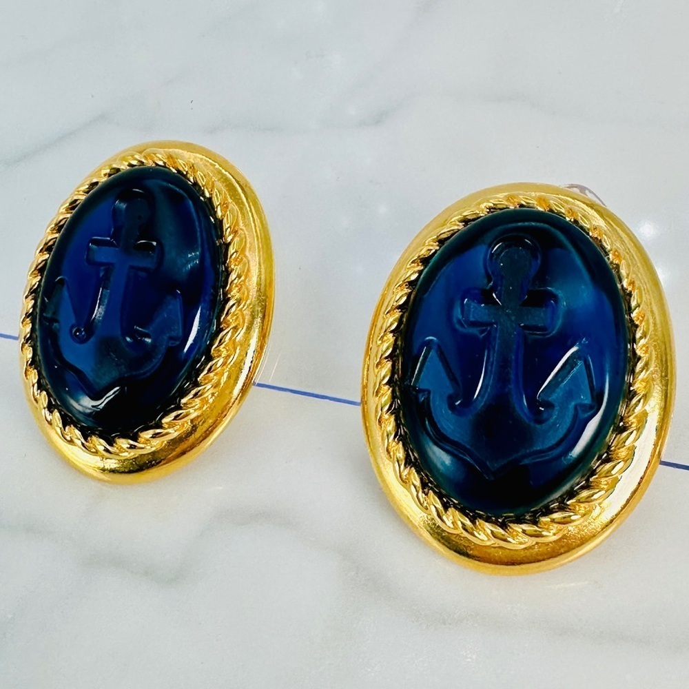 Vintage Trifari Blue Anchor Earrings Clip On Blue Gold Large Signed Statement - Picture 5 of 9